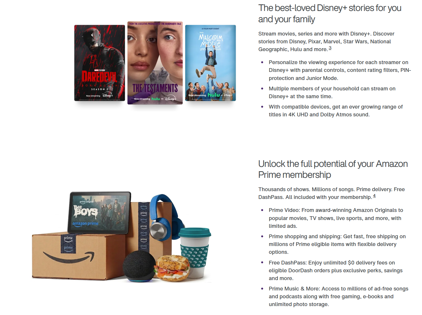 This is a screenshot of product feature call-outs for Disney+ and Amazon Prime