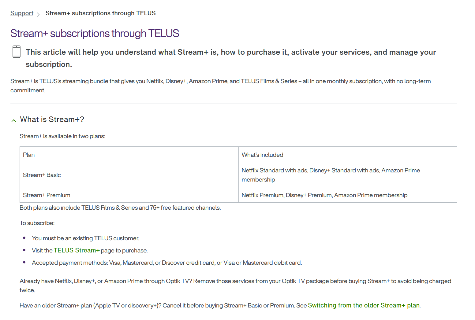 This is a screenshot of a help article for the streaming bundle service